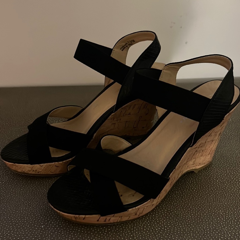Chinese laundry black wedge stretch ankle strap